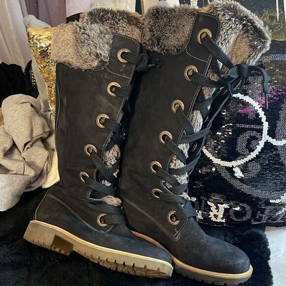 Timberland Mirney black grey fur leather suede lace up knee high boots tims 8.5 - Picture 4 of 12